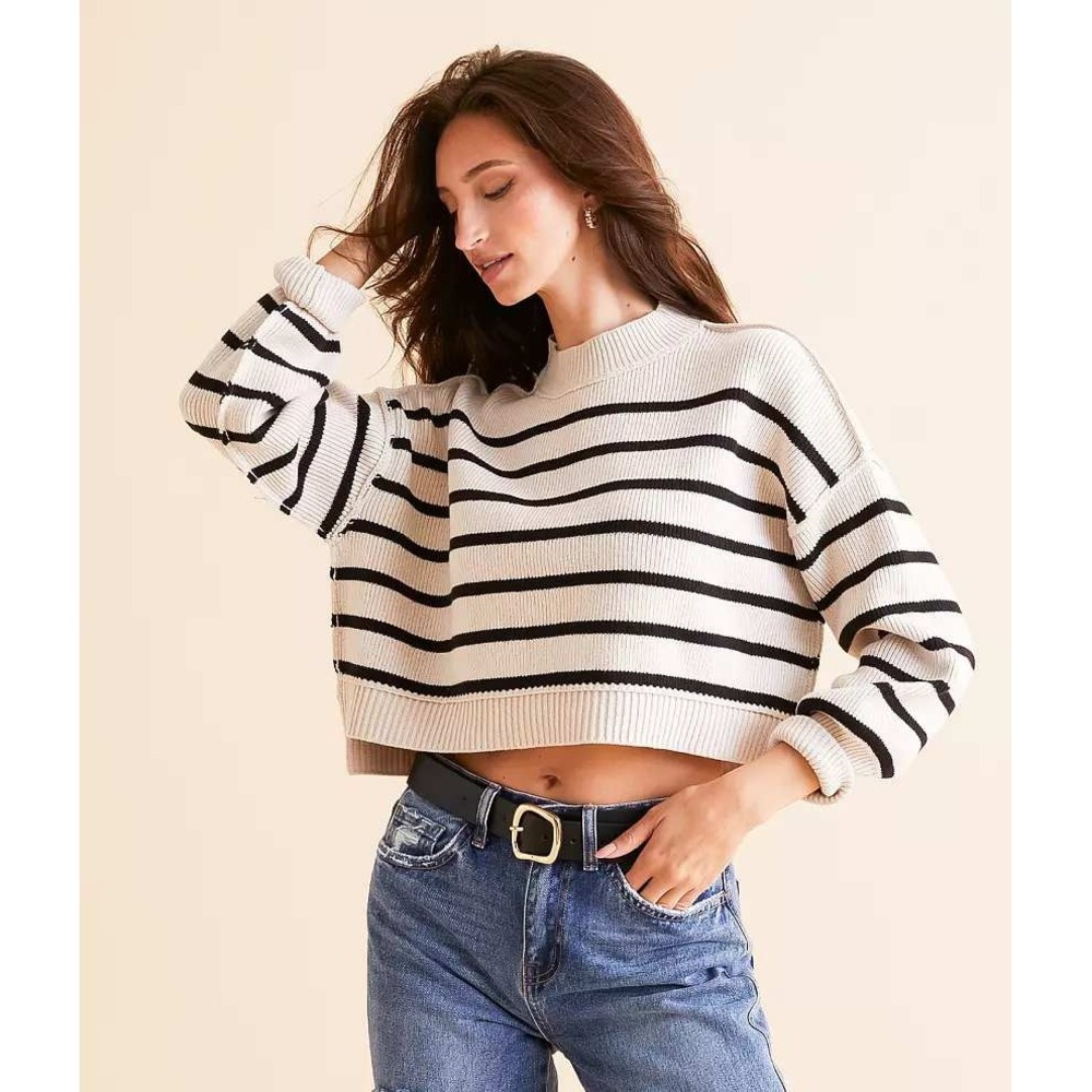 Free People Easy Street Sweater Womens Medium Cream Black Striped Ribbed Crop